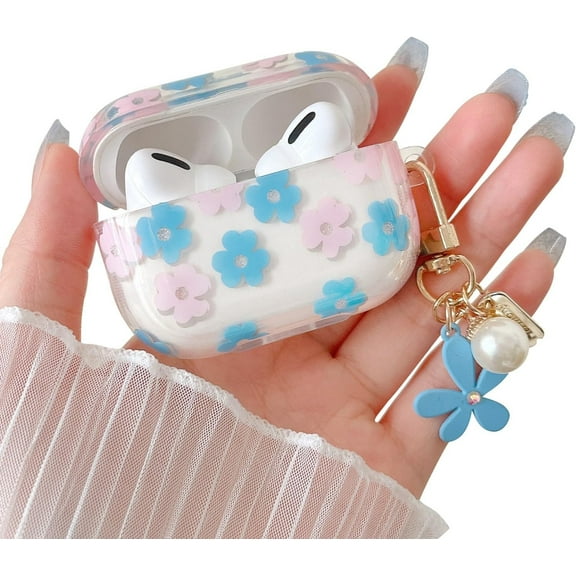 Compatible with AirPods Pro Clear Case,Cute Cartoon Flower Pattern Design with Floral Keychain, Soft TPU Protective Shockproof Case for AirPod Pro for Girls Women-Blue