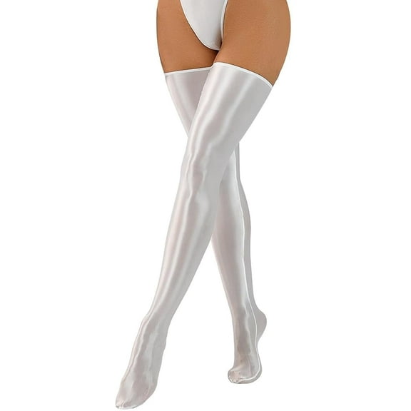 FEOYA Shiny Thigh High Stockings for Women Oil Glossy Stockings Opaque Long Stockings Over Knee Socks Cosplay White
