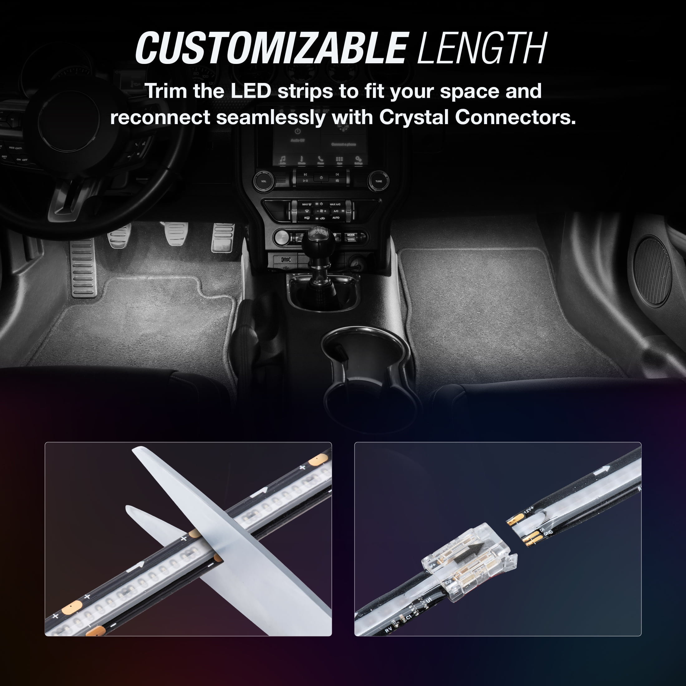 TYPE S - Infinite Glow White LED Ambient Lighting - Car LED Strip Lights, Light Sync Technology, 3M Adhesive, Trimmable, 12V, 2 x 12" White Strips, 24 inches