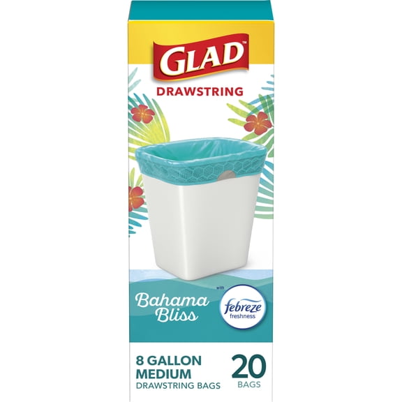 Glad Medium Drawstring Trash Bags, 8 Gallon, Teal, Febreze Bahama Bliss, 20 Count
