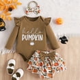 thumbnail image 3 of GYRATEDREAM Baby Girl 3Pcs Halloween Outfits Pumpkin Letter Print Short Sleeve Top Shirt Elastic Shorts Headband Set Clothes for 3-6M Brown, 3 of 9