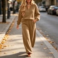 thumbnail image 5 of Xinoom Women Ribbed Knit Two Piece Outfit Set, Henley V‑Neck Long Sleeve Top and Wide Leg Pants, Cozy Loungewear Tracksuit for Casual Home Travel Wear Khaki,L, 5 of 5