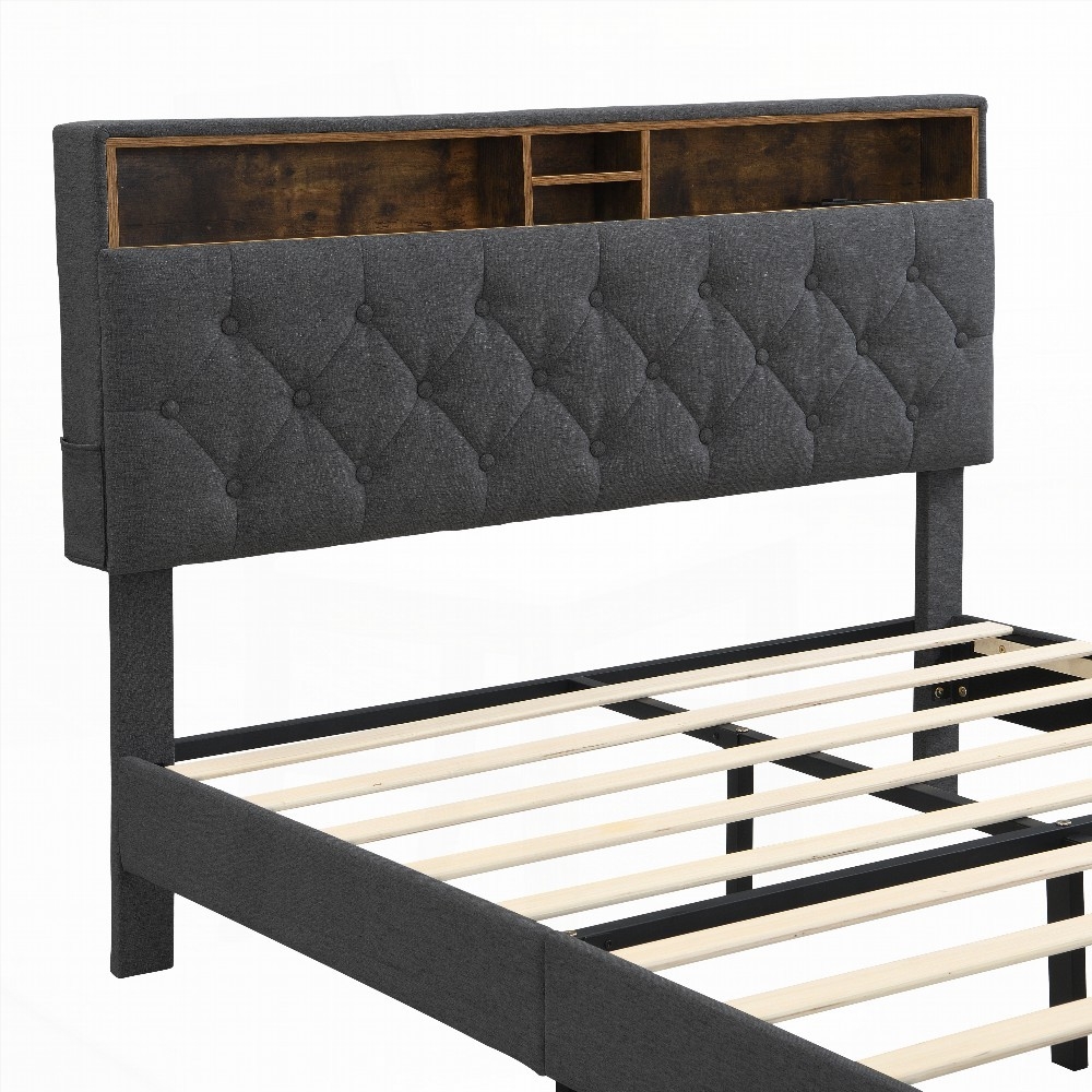 Dark Grey Queen-Size Upholstered Platform Bed Frame Having a Button-Tufted Linen Fabric Headboard, Two Storage Compartments & Built-in Charging Station (No Box Spring)