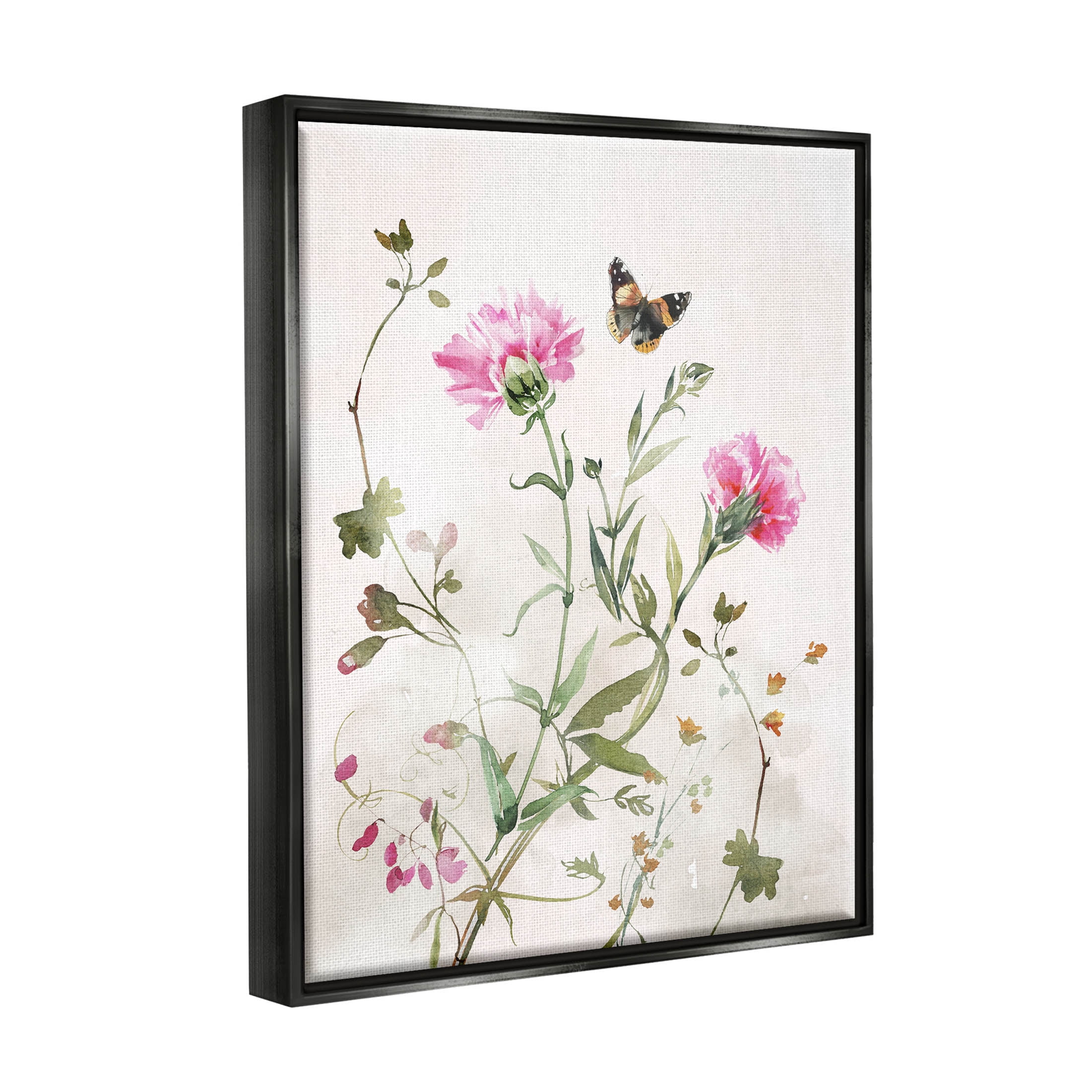 Stupell Industries Fluttering Butterfly Garden Blooms Graphic Art Jet Black Floating Framed Canvas Print Wall Art, Design by Nina Blue