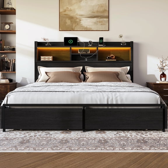 Breltam Queen Bed With 6 Storage Drawers, Platform Bed With Bookcase Headboard&led Light, Black