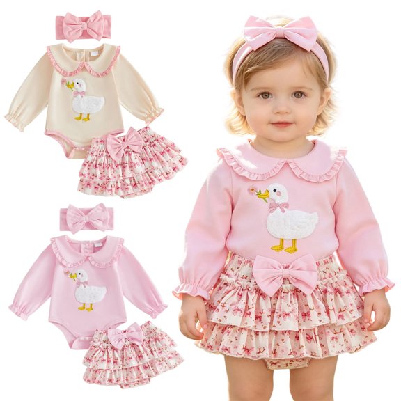 Faraee Newborn Baby Girl Cute Outfit 0 3 6 9 12 18 Months Duck Embroidery Long Sleeve Romper Floral Layered Skirt Set Infant Fall Clothes with Bow Headband,Beige