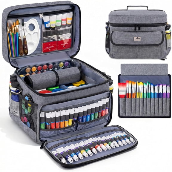Acrylic Paint Organizer Bag with Adjustable Dividers, Portable Art Supply Storage Case with 12-Slot Brush Holder and Clear Zipper Pocket(Grey)