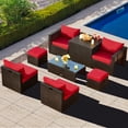 thumbnail image 1 of Gymax Ensemble de Conversation pour Patio en Rotin PE Osier 8 Pcs Ensemble de Meubles Toutes Saisons avec Coussins Rouge, 1 of 8