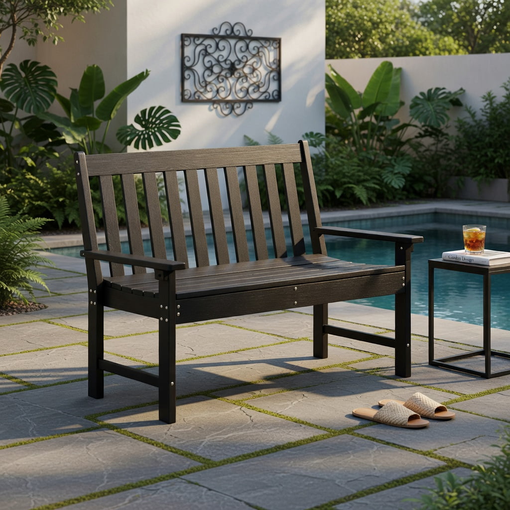 Hommoo 52" All-Weather HDPE Outdoor Bench, Heavy-Duty, Garden Bench with Backrest, Armrests & Slatted Design for Porch, Backyard & Patio, Black