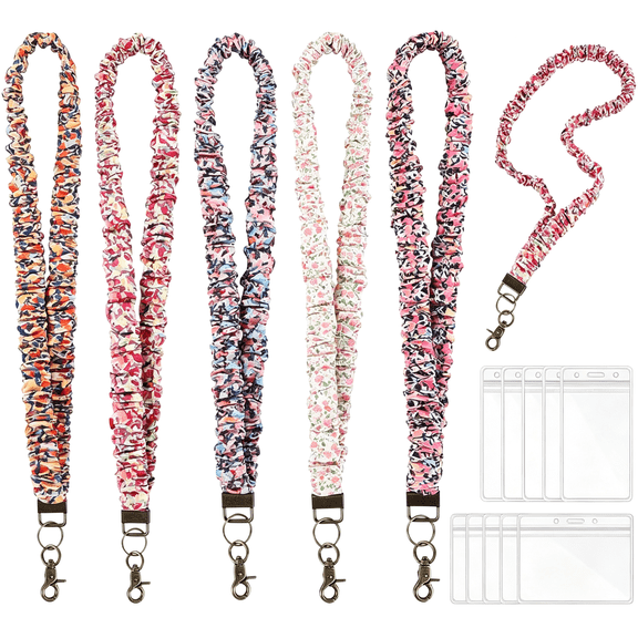 MISSMILE 5Pcs Stretchy Scrunchie Lanyards with 10 Acrylic Id Badge Holders|Cute Neck Keychain Lanyard for Teachers ,Nurses ,Students ,School & Office Daily Use ,Floral Style