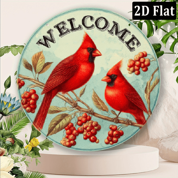 2D Flat Welcome Sign Round Foil Engraving Wall Art, Vintage Cardinal Birds Wreath Decor for Living Room Bedroom, Gift for Friends and Relatives, Metal Wall Hanging Decor 8*8inch