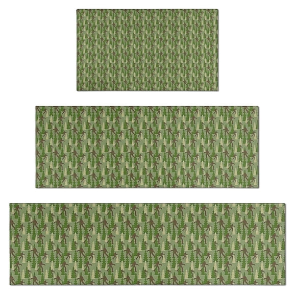 Green Bigfoot and Tree Pattern Kitchen Rugs Sets Of 3,Kitchen Runner Rugs Non Skid Washable,Decorative Kitchen Floor Mats for Kitchen,Sink,Laundry,17"x30"  17"x47"   17"x59"