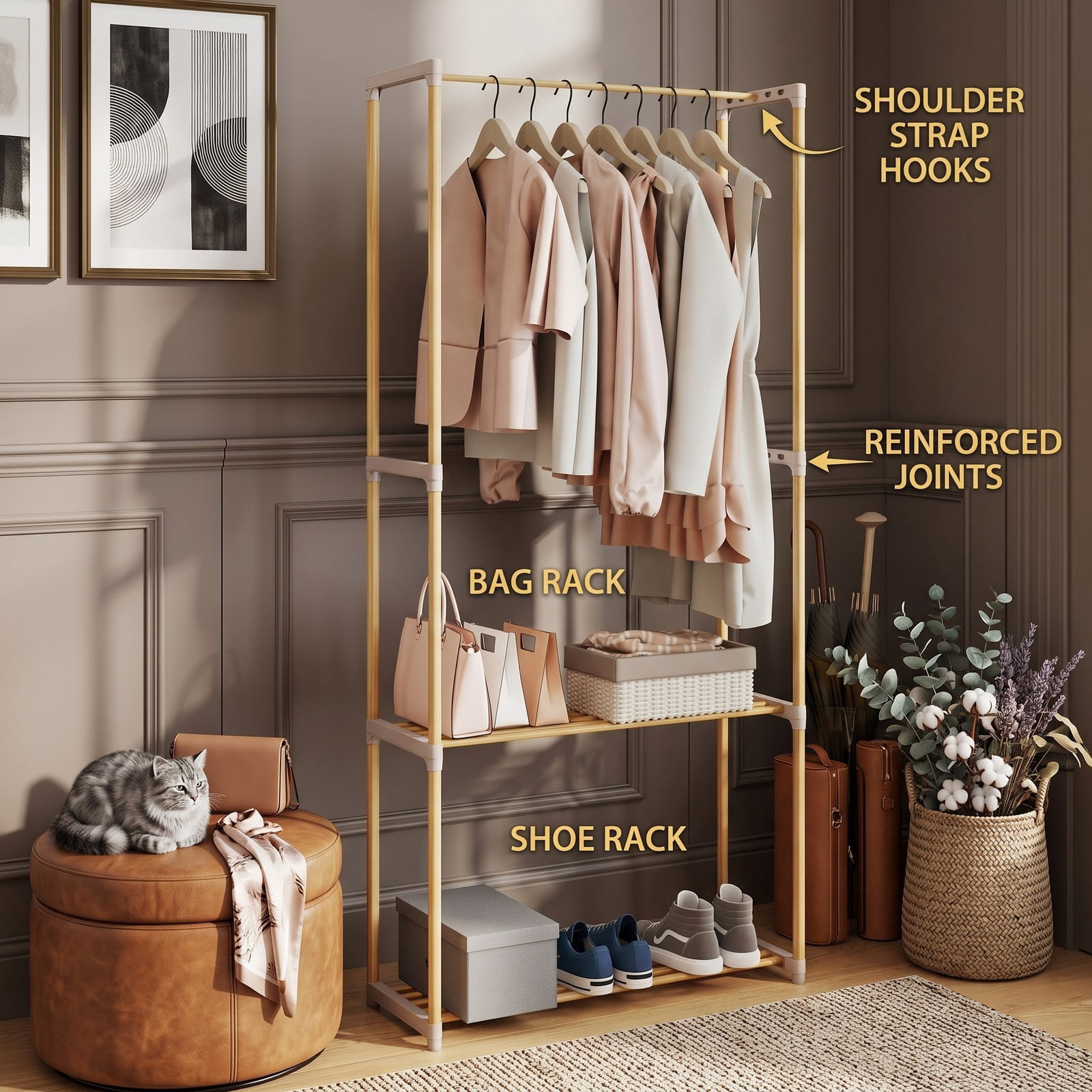Furnibear Pine Wood Clothes Rack with 2-Tier Open Storage Shelf for Hanging Clothes in Bedroom Hallway and Closet, Natural and Gray