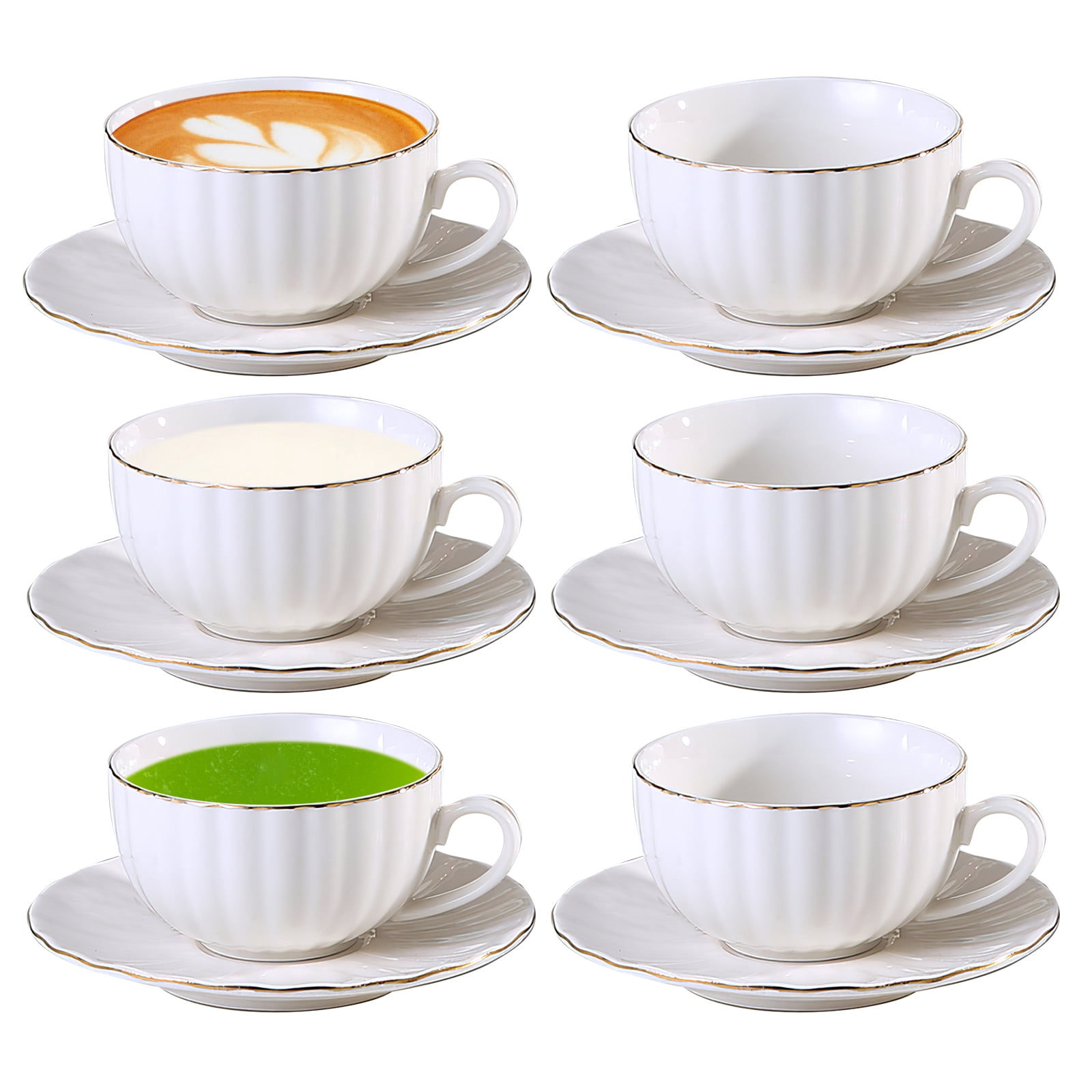 6 Pack Coffee Cup Stripes Printed Set - 3oz Ceramic Demitasse Cups with Saucers, Gold-Plated Rim, for Espresso & Turkish Coffee