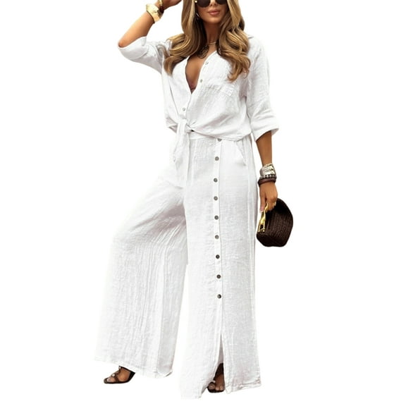 Female Long Sleeve Beach Shirt Blouses Bathing Suit Cover Up Button Down Collar White L
