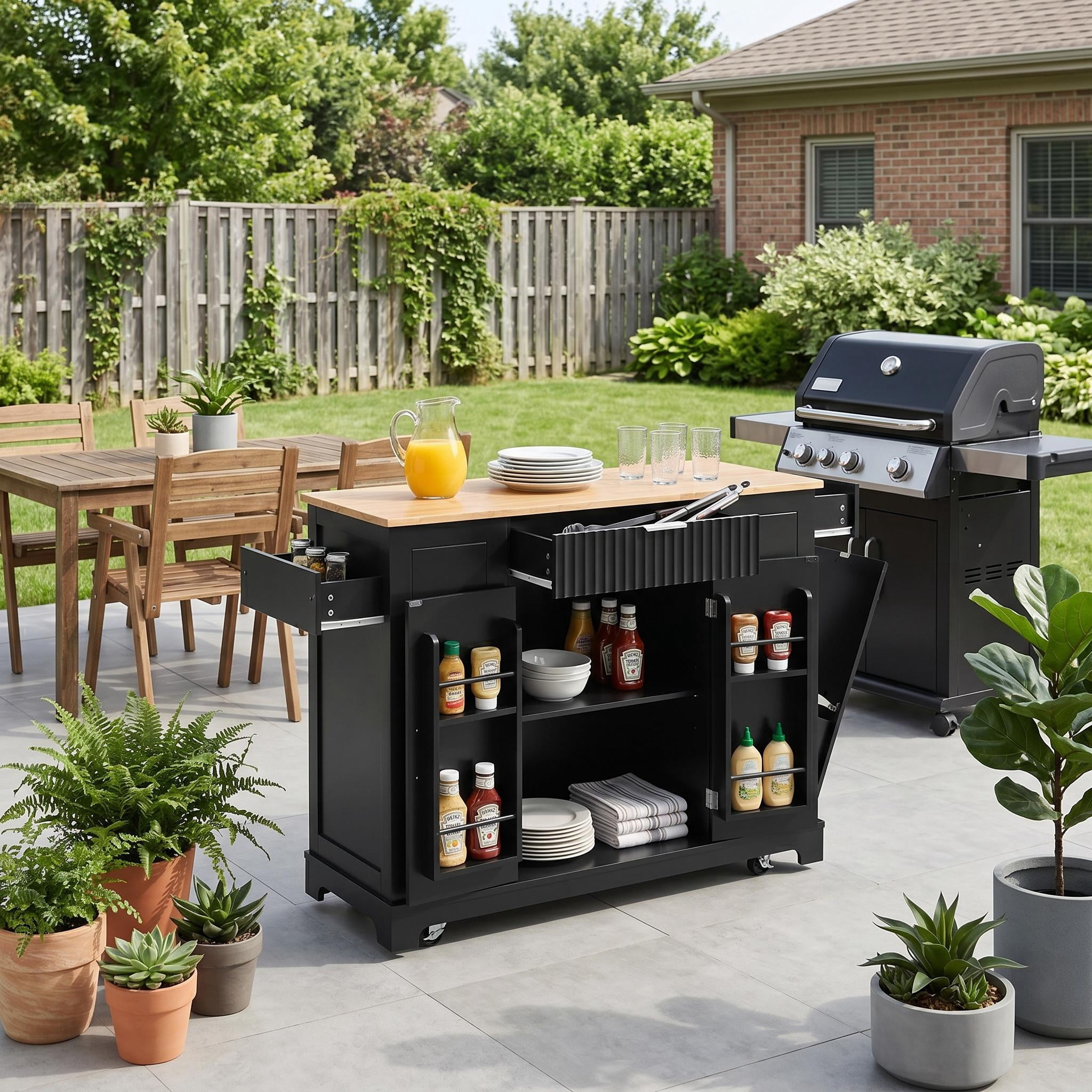 Homy Casa Kitchen Island with Power Outlet, Hidden Trash Bin, Rolling Storage Cabinet with Drawers, Black