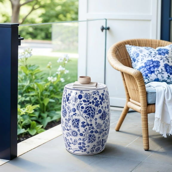 Boho Ceramic Ceramic Garden Stool with Floral Pattern, 18" Blue & White for Home & Garden Decor