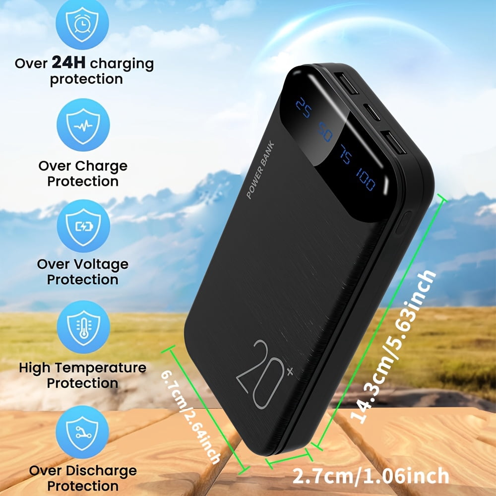 Large Capacity Portable Power Bank 20000mAh, 5V2.1A Portable USB Charger, LED and Digital Display Screen, Suitable for IOS/Android Devices, 2xUSB Output, Type-C/Micro Input, Safe and Stable Polymer