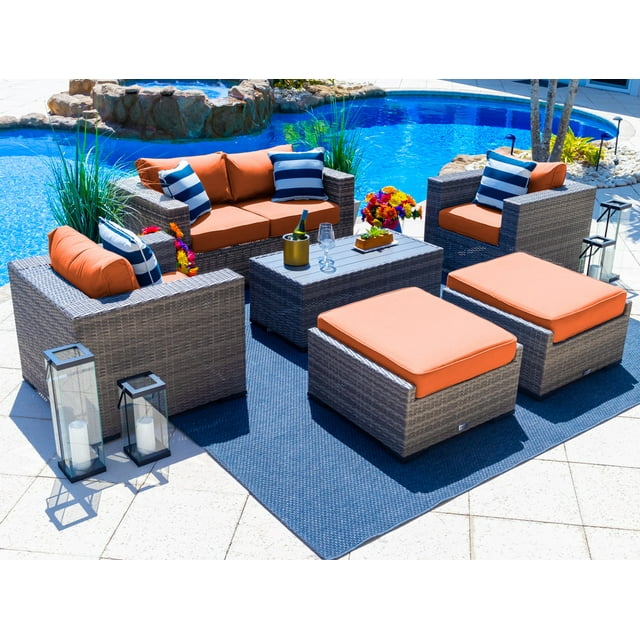 Sorrento 6-Piece M Resin Wicker Outdoor Patio Furniture Lounge Sofa Set in Gray w/ Loveseat, Two Armchairs, Two Ottomans, and Coffee Table (Flat-Weave Gray Wicker, Sunbrella Canvas Tuscan)