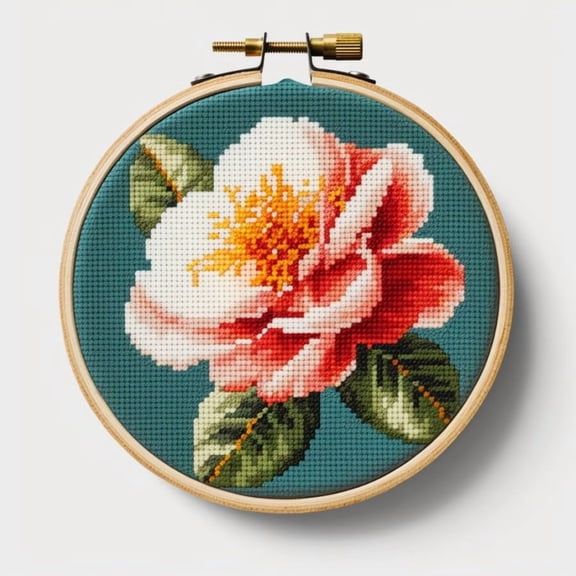 Stamped Cross Stitch Kits with Hoop for Starter Kits Camellia Flowers DIY 11CT Pre-printed Patterns Needlepoint Embroidery Needlework Kit for Home Decor 38x38cm (53)