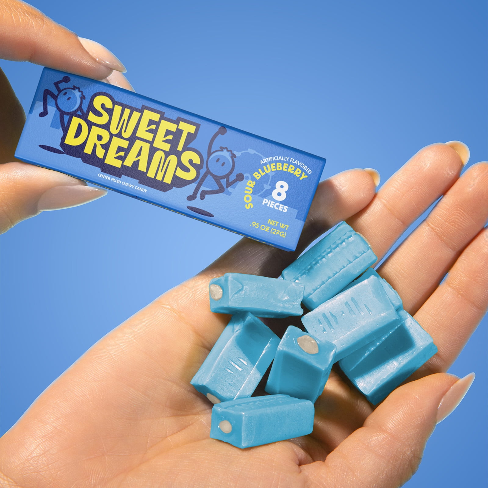 Sweet Dreams Soft Center-Filled Sour Blueberry Candy - 4 Boxes, 80 Sticks, 640 Pieces - Gluten-Free Blue Berry Candy - Bulk Candy Sticks for Kids and Adults