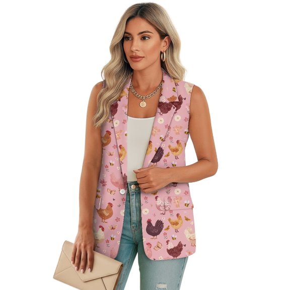 Uorisanigo Cute Chicken Print Women's Jacket Vest Open Front Women's Sleeveless Vest Blazer V Neck Vests Blazer Elegant Size S Outerwear