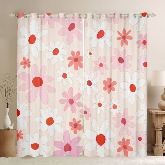Homewish Kawaii Groovy Flower Black Out Curtains for Kids, Rustic Daisy Floral Curtains Pack of 2 (42x63 Each), Pink Cartoon Theme Bedroom Curtains, Black Out Curtains Decor