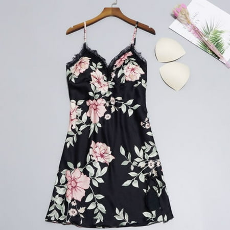 Women Lace Patchwork Print Robe Dress Babydoll Nightdress Nightgown Sleepwear
