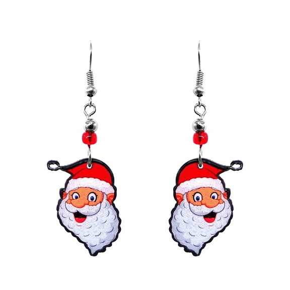 Santa Claus Face Christmas Themed Graphic Dangle Earrings - Womens Fashion Handmade Jewelry Holiday Accessories