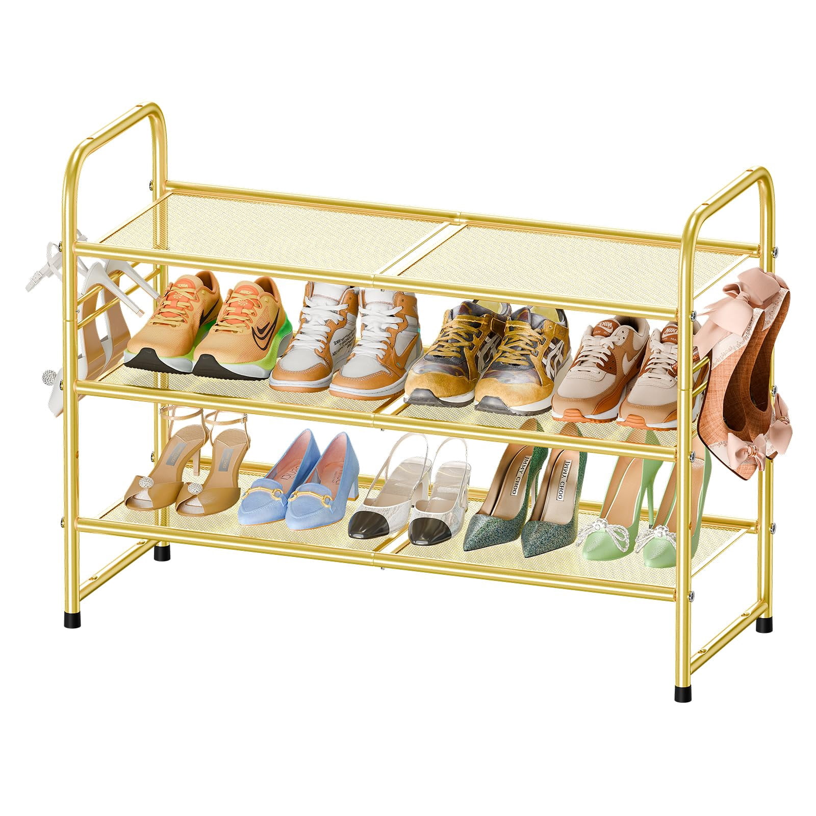 SUFAUY 3-Tier 33" Wide Shoes Rack Stackable, Metal Mesh, Gold