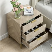 Eumyviv Rustic Metal & Wood 3 Drawer Nightstand, Herringbone Pattern Side Table, Oak Finish