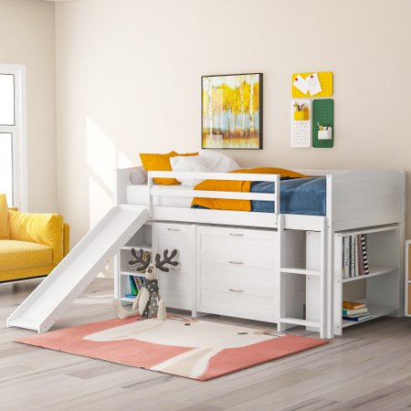 INCLAKE Twin Size Loft Bed  Storage Loft Bed Frame with Slide  Ladder and Guardrails  Space Saving Storage Cabinet  Drawers and Shelves for Kids Girls Boys  No Box Spring Required  White