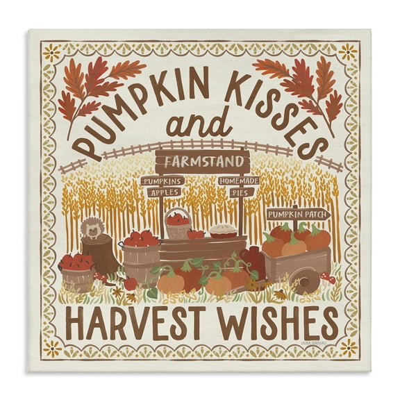 Stupell Industries Pumpkin Kisses Fall Scene Landscape Painting Gallery Wrapped Canvas Art Print Wall Art, 17 x 17