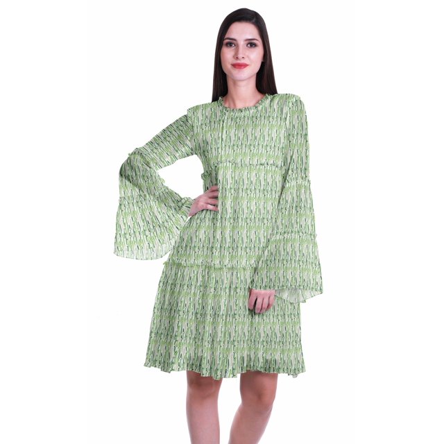 Moomaya Robe Longue à Manches Longues Imprimée Longueur Genou Robe d'Été Évasée