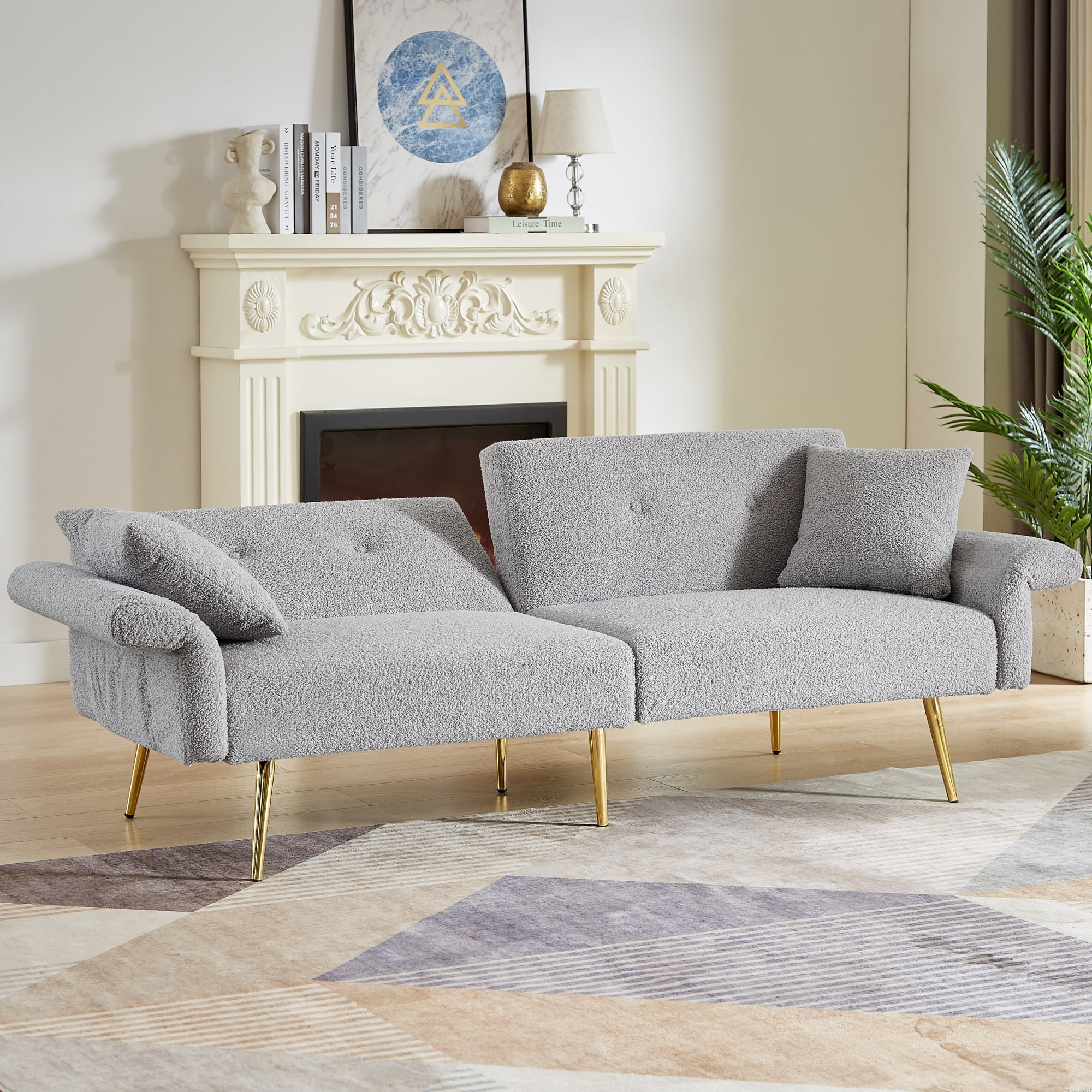 Jopath 80" Futon Sofa Bed,Teddy Upholstered Convertible Loveseat Sleeper Sofa Couch with Foldable Armrest,Adjustable Backrest and Golden Metal Legs for Living Room,Gray