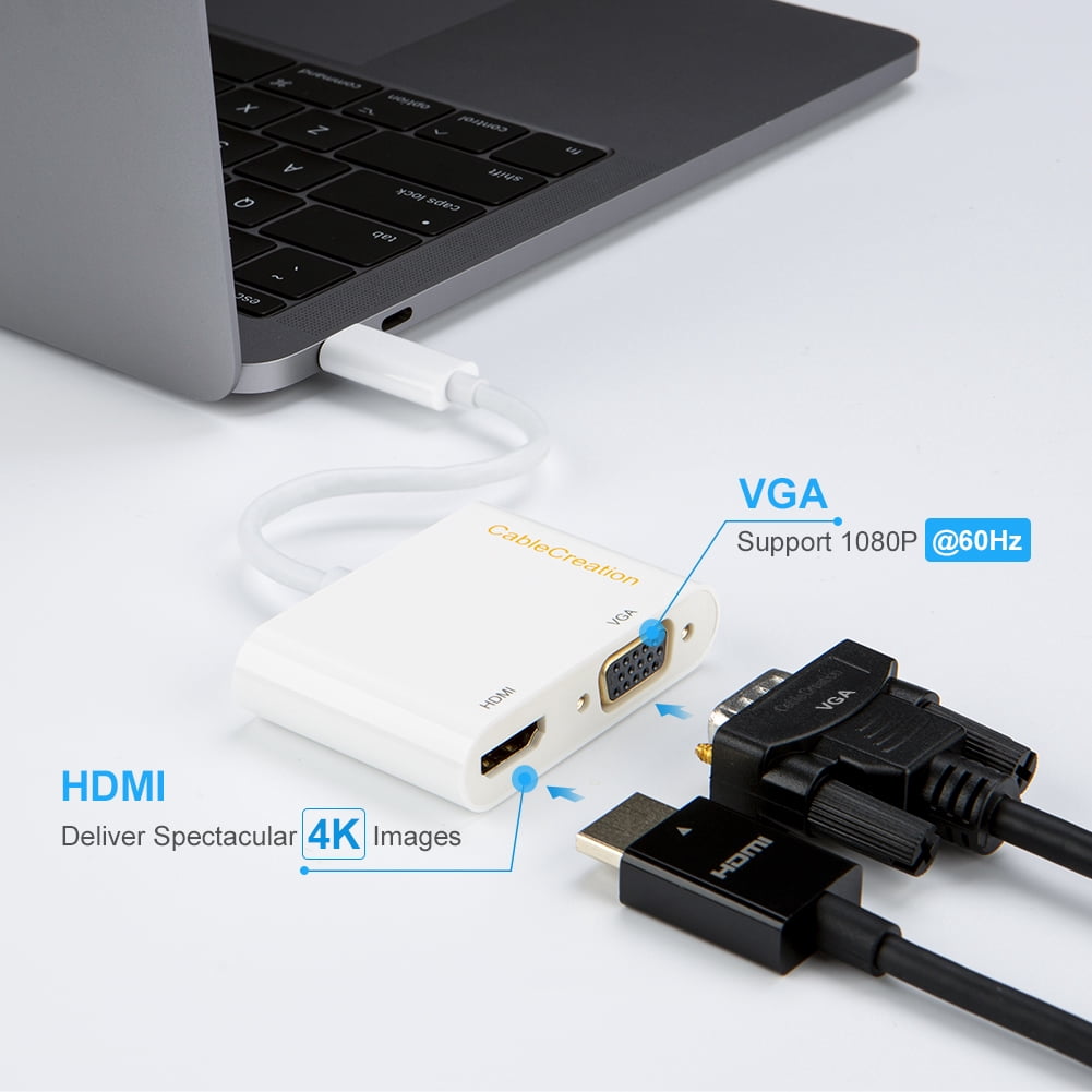 USB C to HDMI +VGA Adapter, CableCreation Type C to HDMI 4K VGA 1080P Converter, Compatible with MacBook Pro 2011 and Newer, Chromebook Pixel, XPS 13,Yoga 910, Surface Go, Galaxy S10