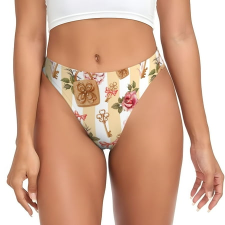 Qokaie Key Lock And Flowers Printed Women s Cotton Thong Underwear  Sexy Breathable Panties G-string-Large