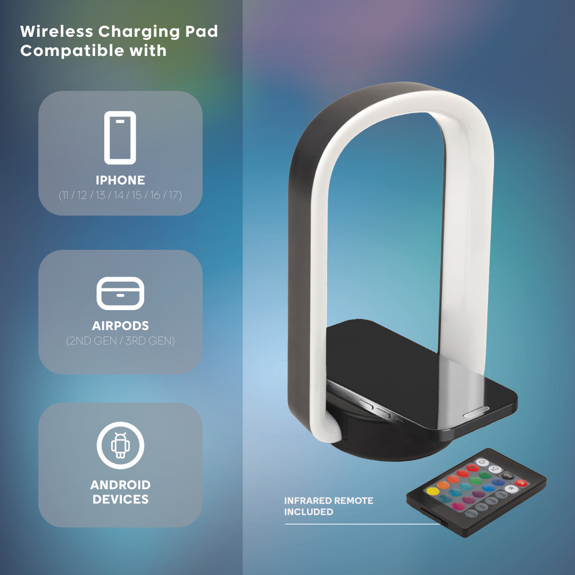 PWRD 3-in-1 LED Wireless Charger with Headphone Stand, Black photo 7