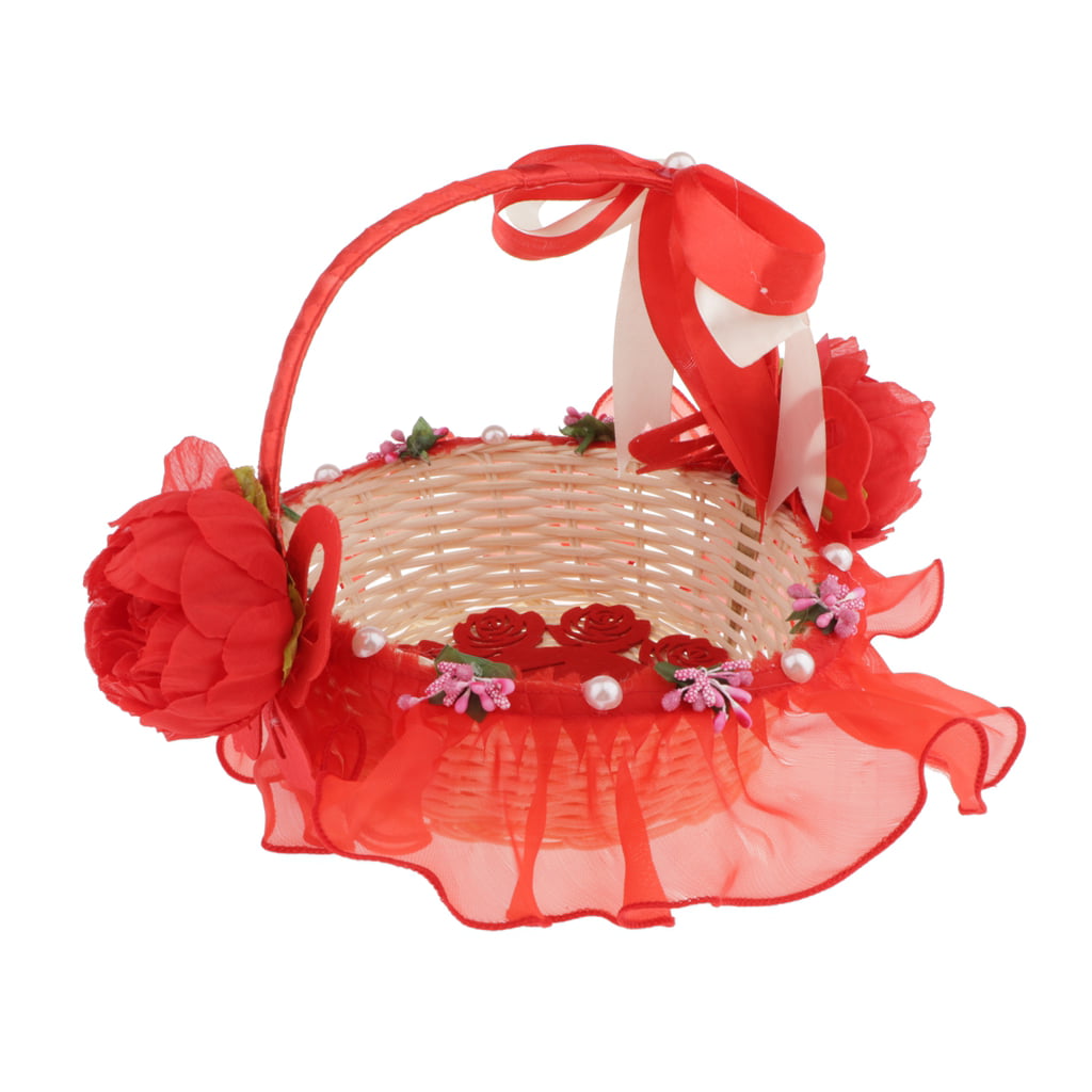FLAMEER Flower Girl Basket for Wedding Decoration 9 x 8 x 3 inches Red Handle with Lace Ribbon and Floral Decors 