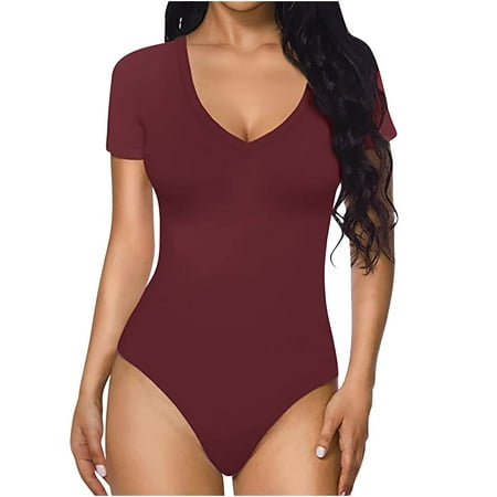 

REORIAFEE Shaping Bodysuit for Women V Neck Short Sleeve Playsuit Solid Color Womens Romper Casual Dressy Summer Tight Fit Jumpsuit Sexy Jumpsuits for Women Wine XL