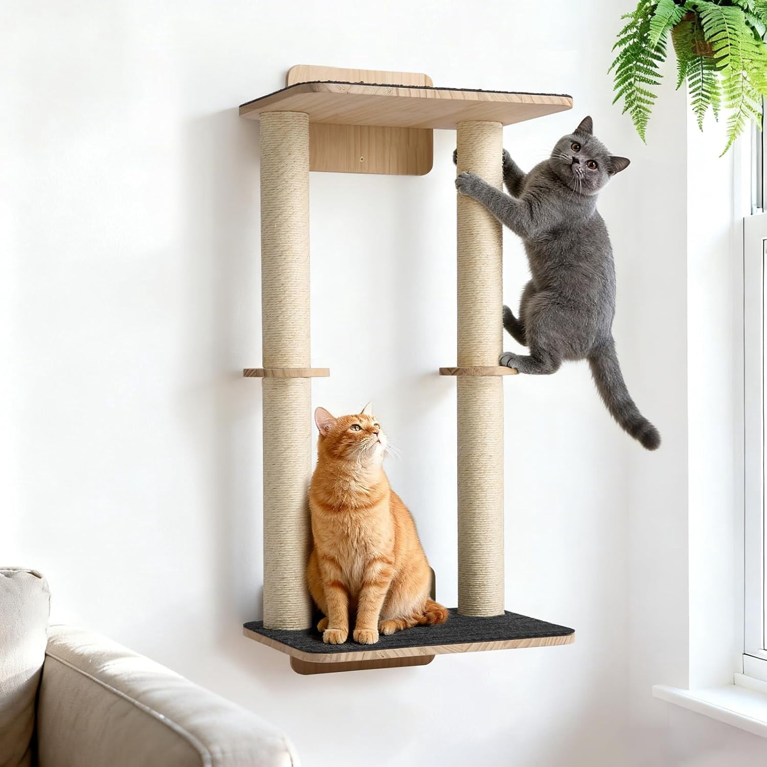 Wall Mounted Cat Scratcher, 28.3" Cat Wall Scratcher with Dual Sisal Scratching Posts and Large Carpeted Perch, Corner Climbing Pole for Indoor Cats