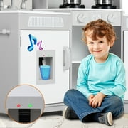 JOYLDIAS Kids Play Kitchen Corner Wooden Pretend Toddler Toys Playset Gift with Realistic Lights & Sounds, Microwave Oven, Water Dispenser, Phone, Sink, Cooking Accessories(Gray)