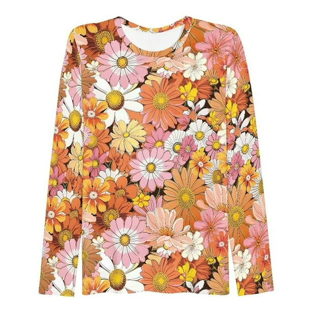 MHFRRA Camiseta de Manga Larga con Cuello Redondo y Estampado para Mujer, Moderna e Informal. Naranja