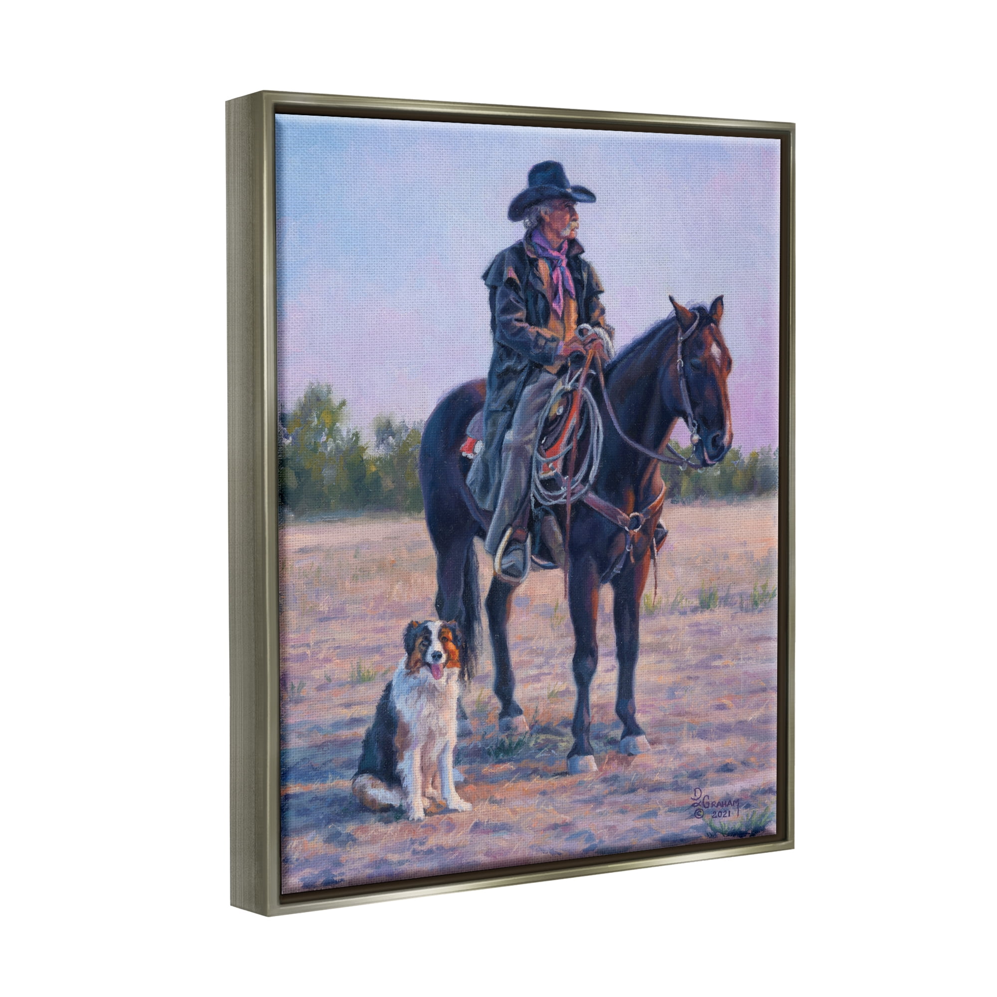 Stupell Industries Cowboy in Rural Landscape Animals & Insects Painting Gray Floater Framed Art Print Wall Art, 17 x 21
