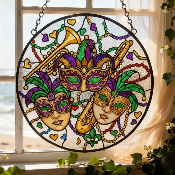 Glass Suncatcher - Mardi Gras Festival Window Hanging Decor, Stained Glass Style, Acrylic Suncatcher