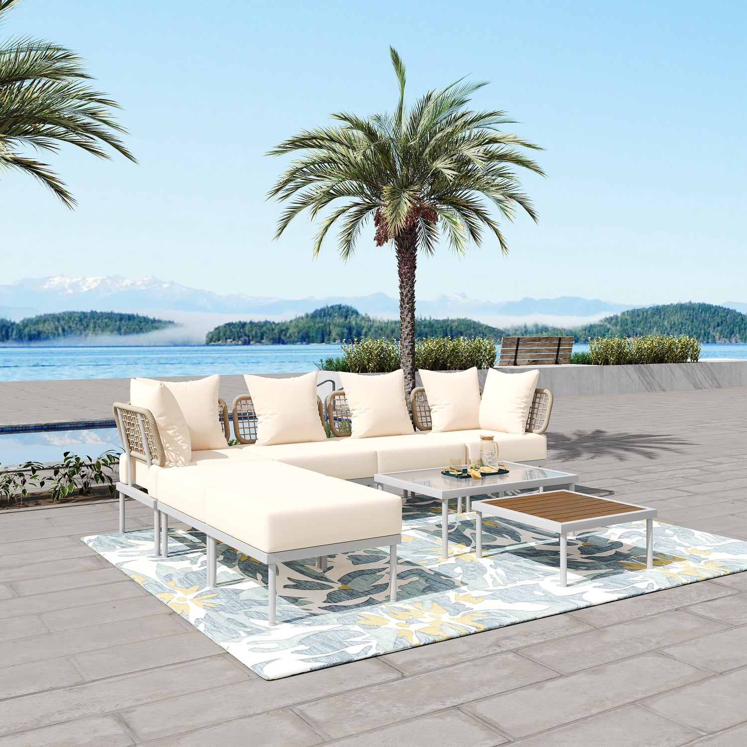 Harper & Bright Designs Outdoor Metal Conversation Furniture Set, 8 Pieces Patio L Shaped Sectional Sofa Set with Glass Coffee Table and Wooden Coffee Table for Garden Backyard and Poolside, Beige