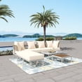 thumbnail image 3 of Harper & Bright Designs Outdoor Metal Conversation Furniture Set, 8 Pieces Patio L Shaped Sectional Sofa Set with Glass Coffee Table and Wooden Coffee Table for Garden Backyard and Poolside, Beige, 3 of 9
