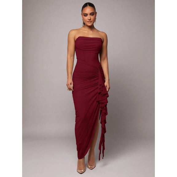 Burgundy Strapless Ruched Maxi Dress With Asymmetrical Ruffle Side Slit Elegant Evening Gown