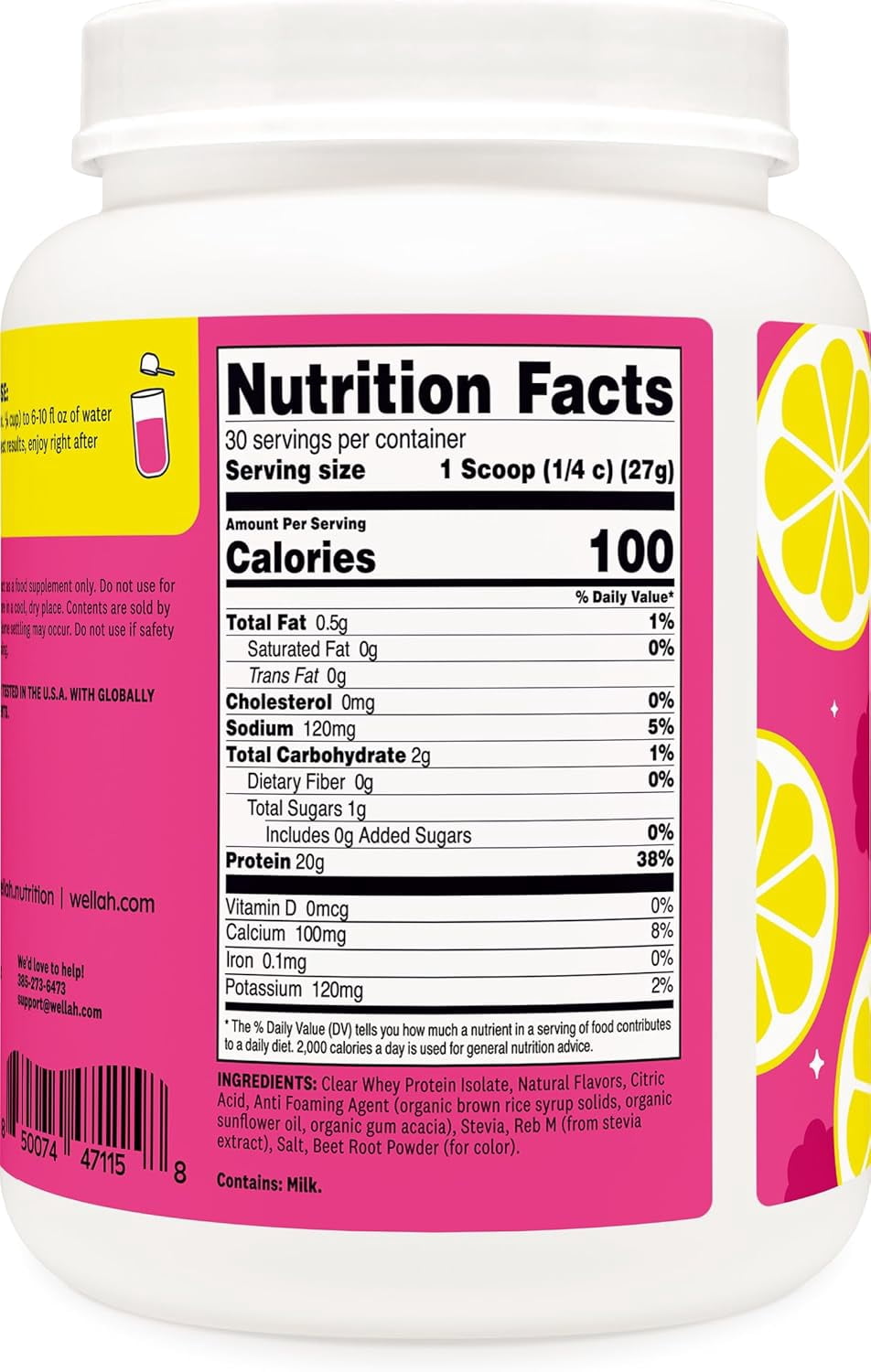 Wellah Clear Whey Protein Isolate Powder (Raspberry Lemonade) 30 Servings - 20g of Protein, 100 Calories, Sweetened with Stevia