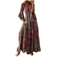 thumbnail image 2 of LOVZFMLL Mode Femmes Col en V Imprimé Manches 3/4 Patchwork Robe Longue Décontractée Rouge TG, 2 of 6